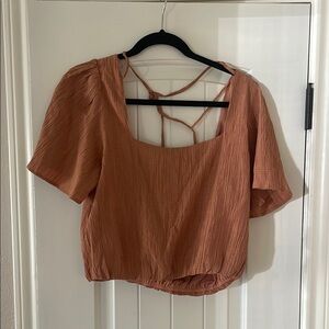 Astr Orange Puff Sleeve Ribbed Crop Blouse
